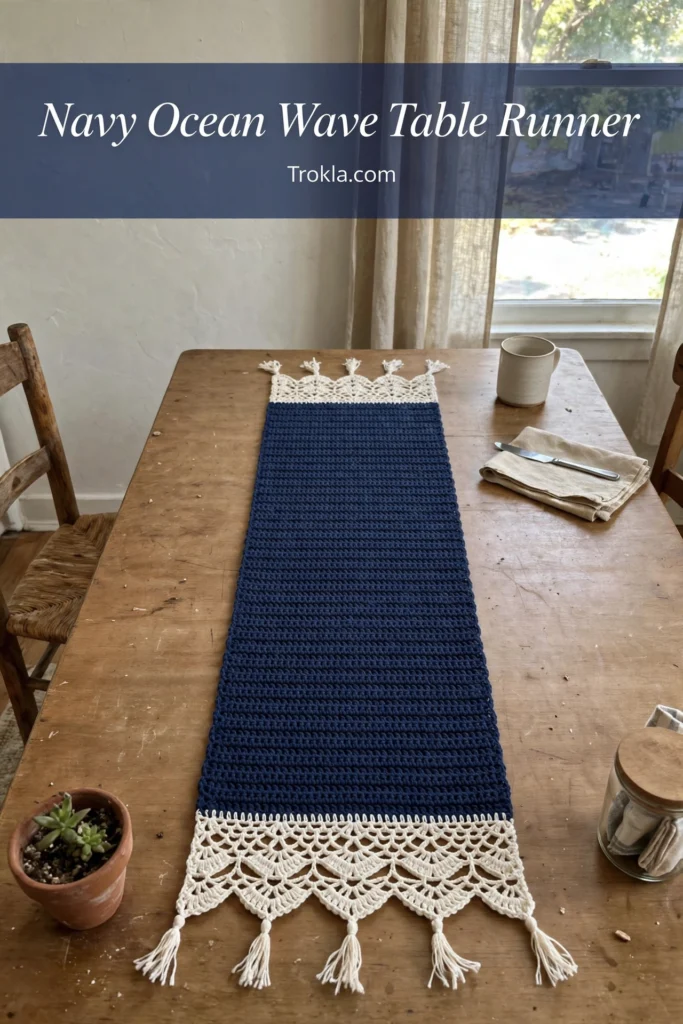 Navy blue ocean wave table runner