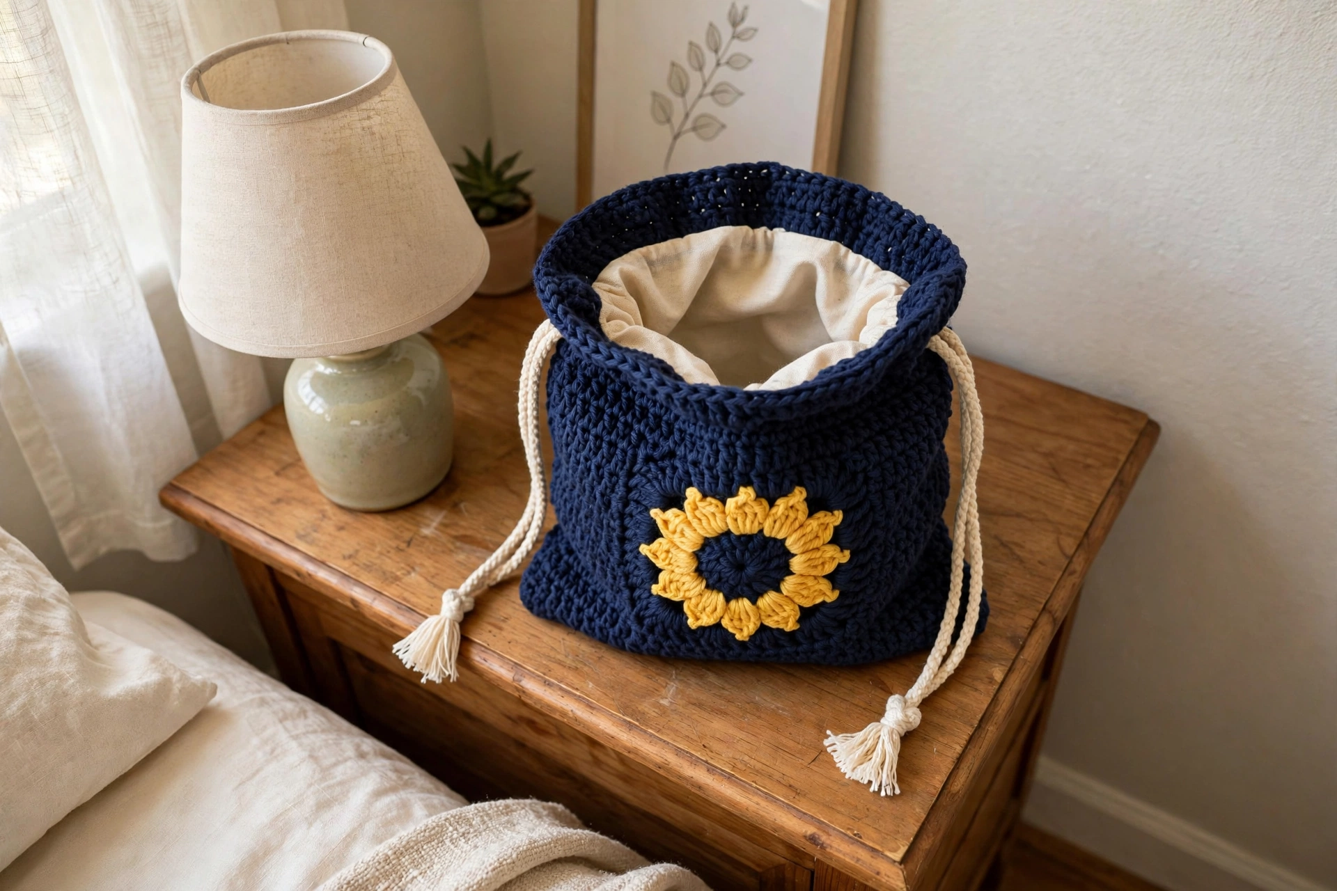 Drawstring pouch open on a nightstand