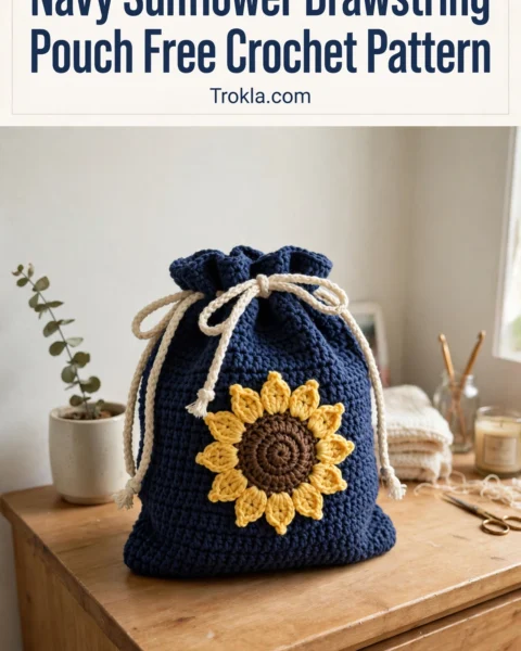 Navy Sunflower Drawstring Pouch Free Crochet Pattern