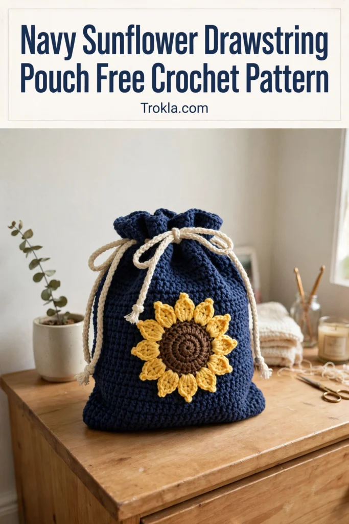 Navy sunflower drawstring pouch