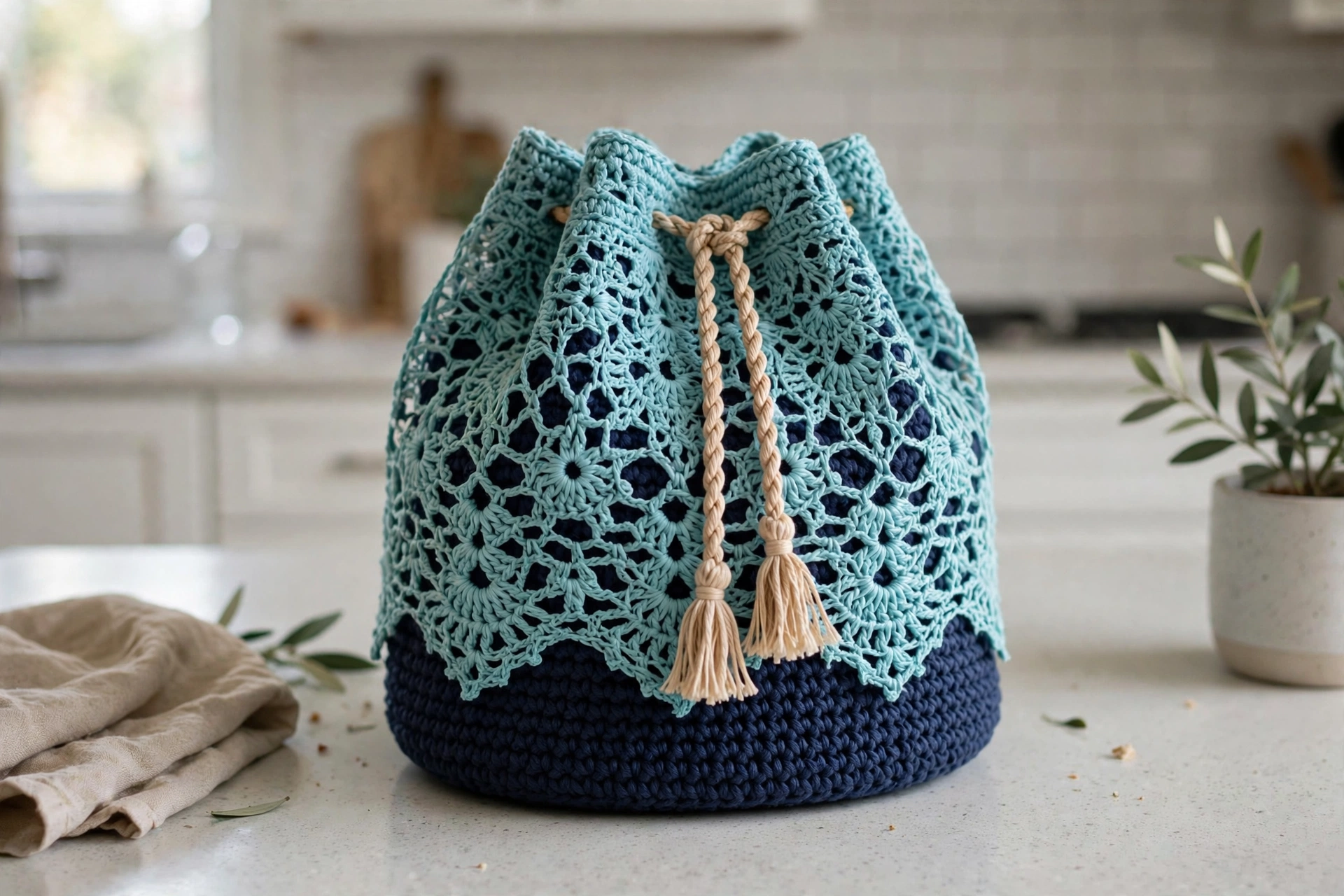 Bucket bag with drawstring and tassels