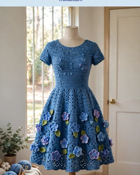 Ocean Blue Hydrangea Crochet Dress Free Crochet Pattern