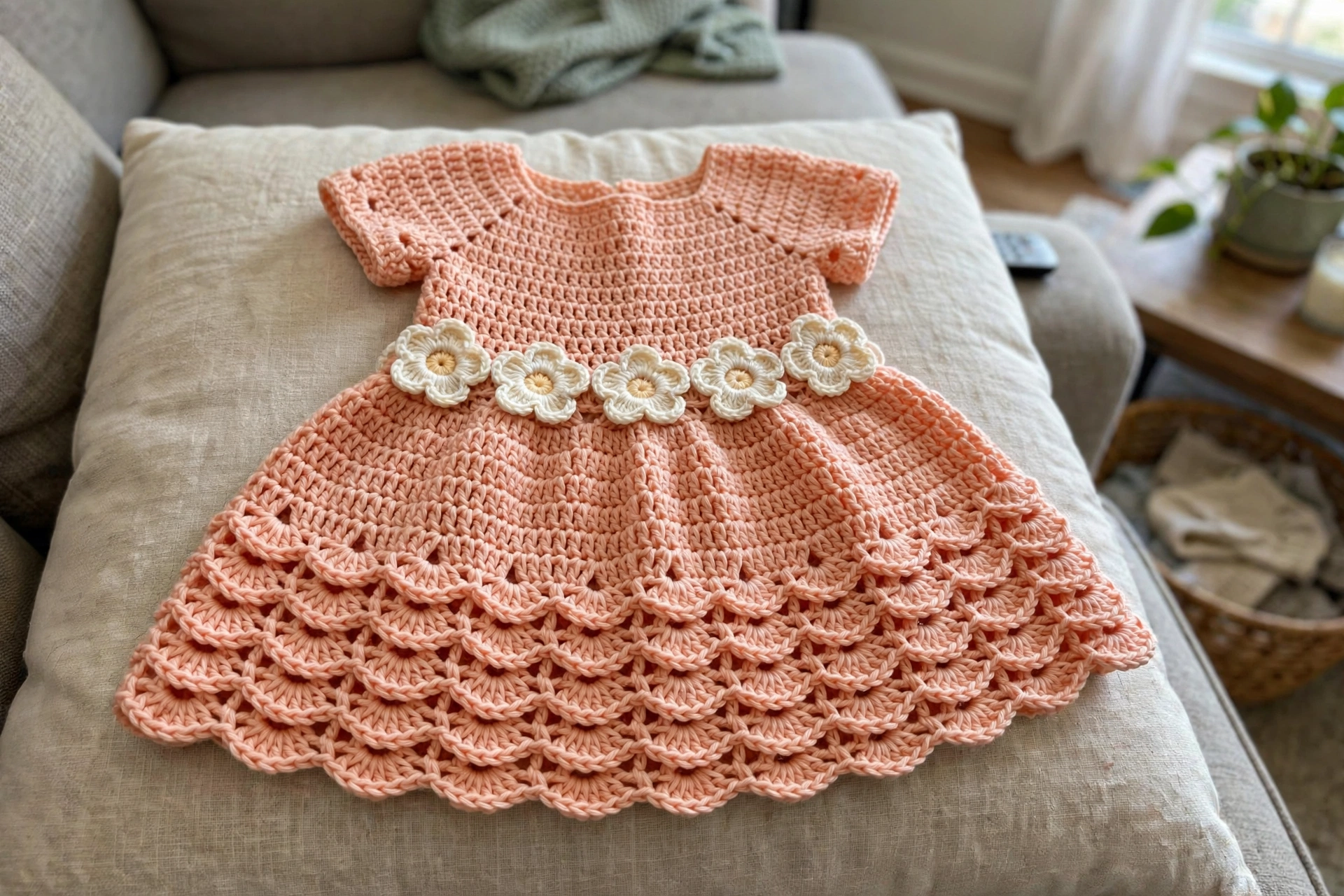Shell stitch skirt detail of the peach toddler dress