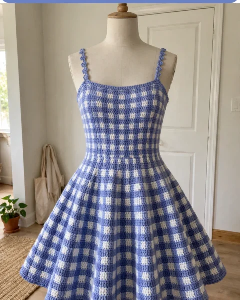 Periwinkle Blue Checkered Crochet Dress Free Pattern
