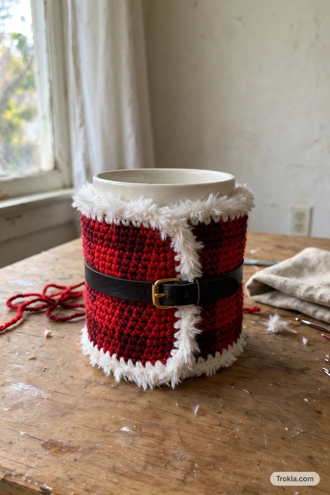 Red plaid crocheted Santa mug wrap with black belt and white fur trim