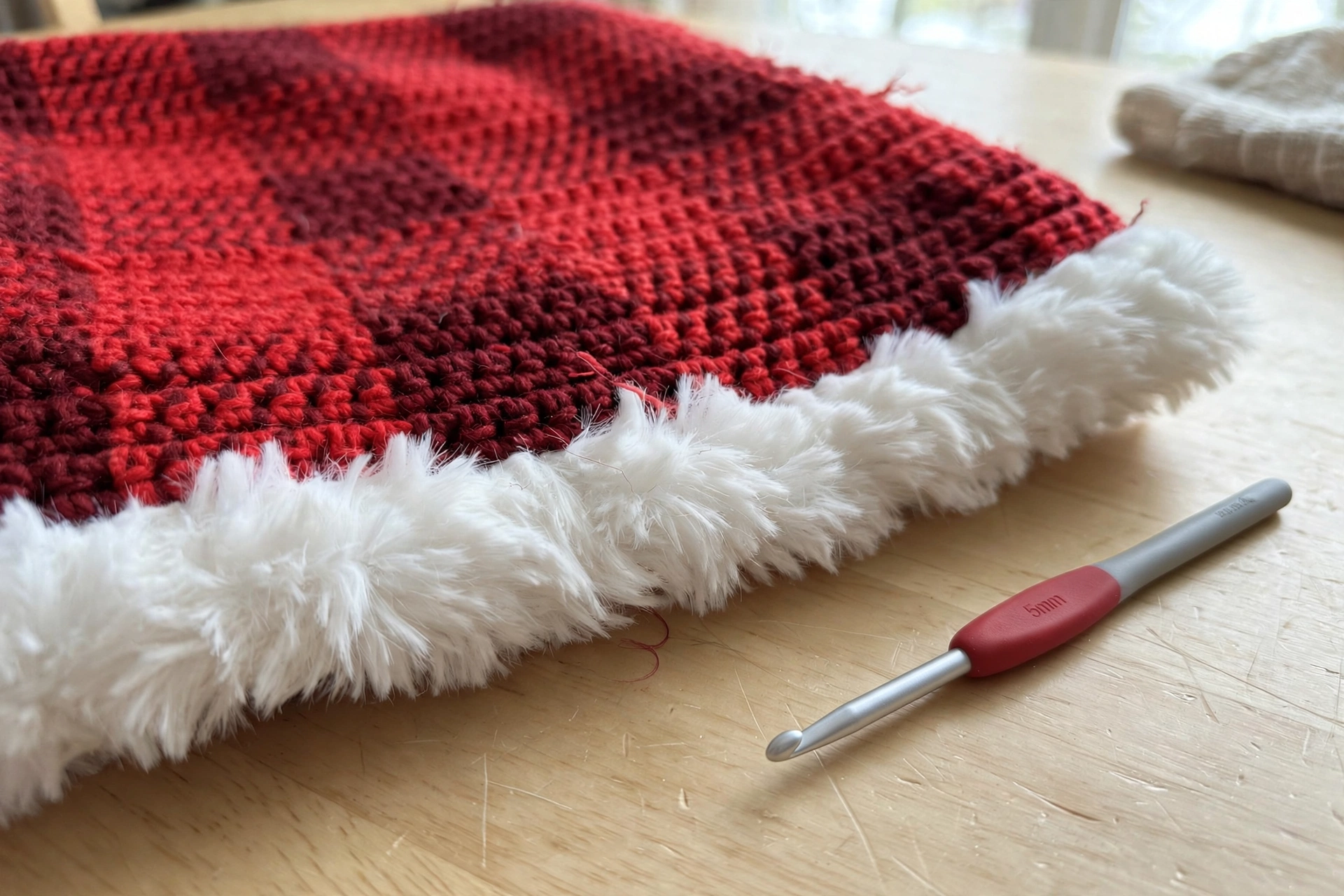 Close-up of the red plaid with white fur trim