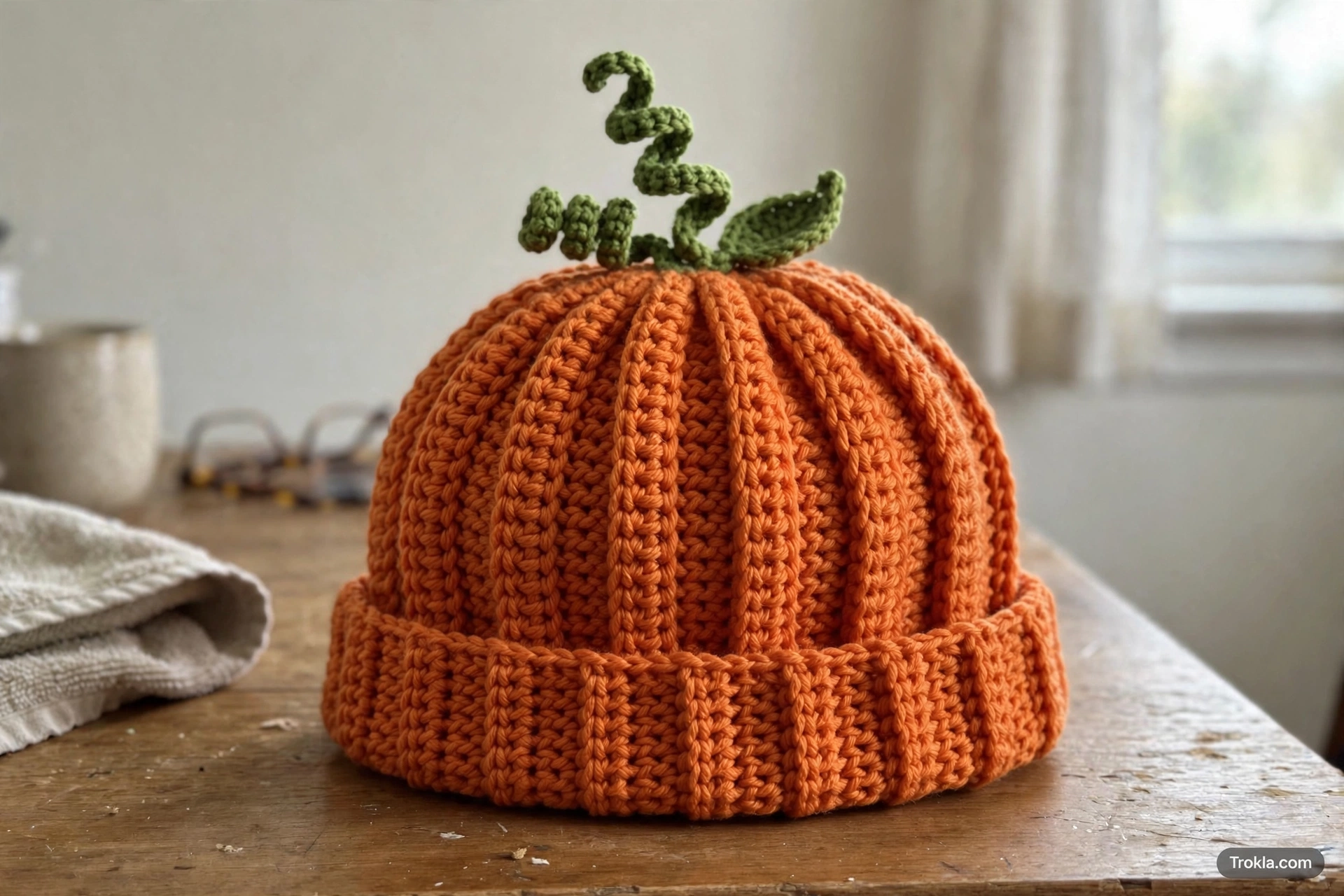 Pumpkin messy bun beanie with curly green vine