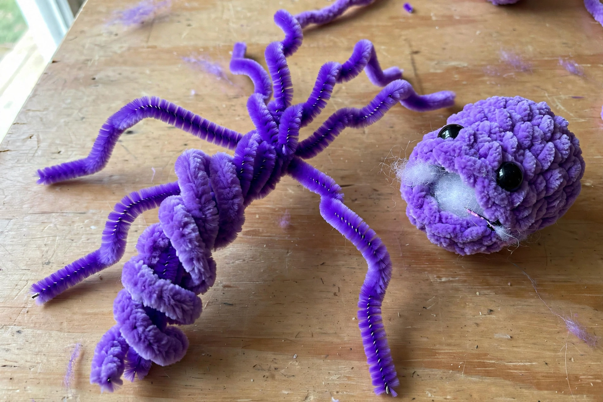 Wrapping purple yarn around pipe cleaners for flexible legs