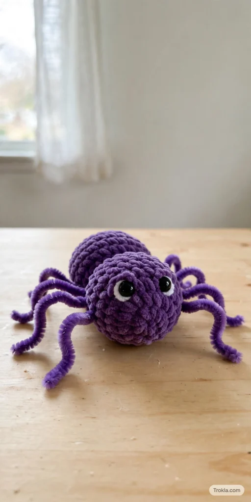 Purple chunky amigurumi spider on a wooden table