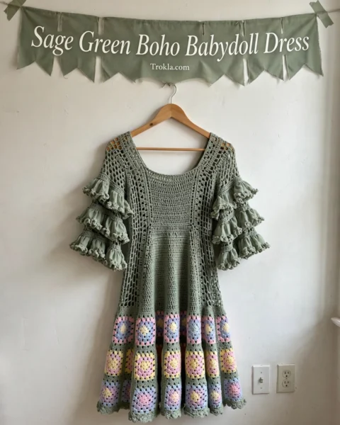 Dreamy Sage Green Boho Babydoll Dress – Easy Crochet Pattern