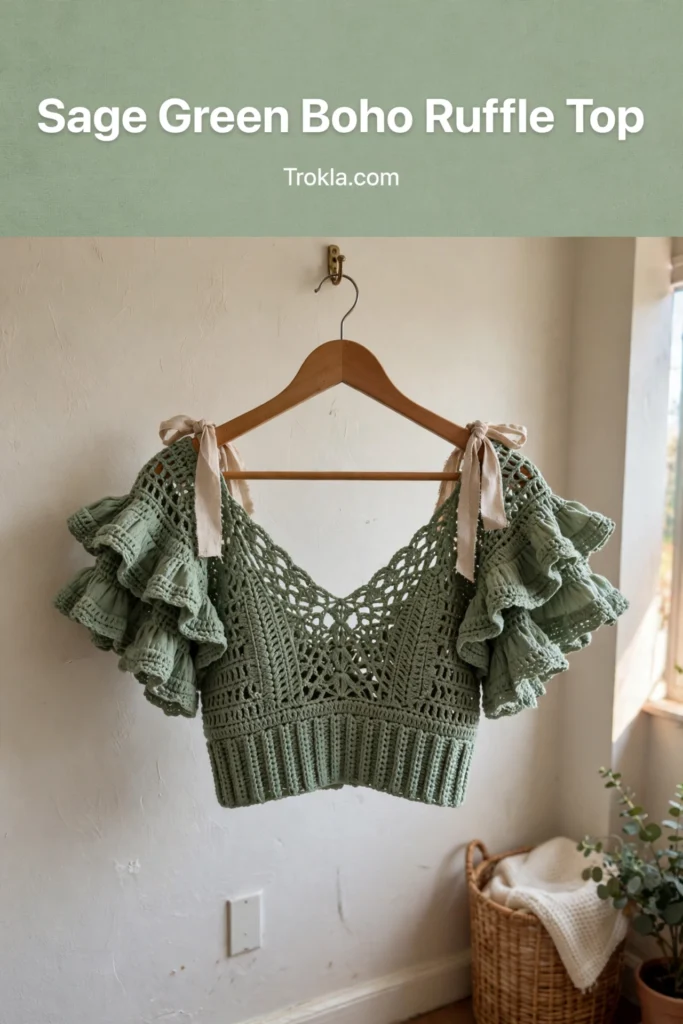 Sage green boho ruffle crochet top with dramatic sleeves