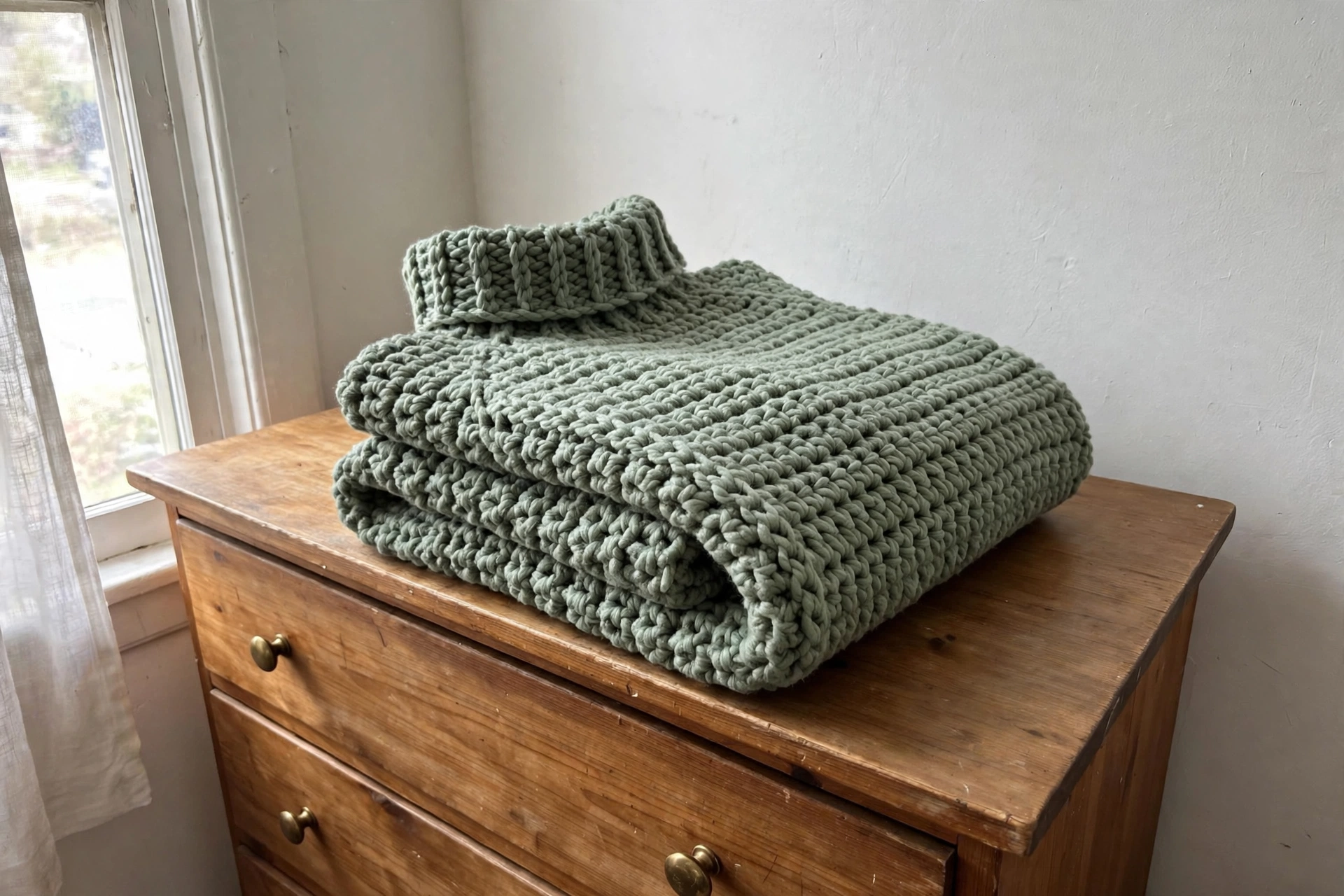 Sage green turtleneck folded on a shelf