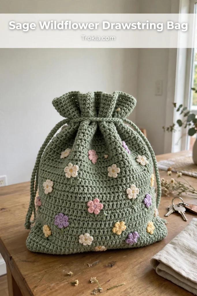 Sage wildflower drawstring bag
