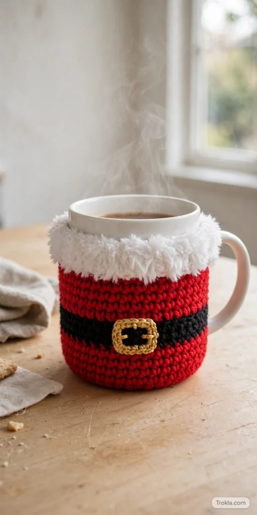 Santa-themed crocheted mug cozy with black belt and fluffy white trim