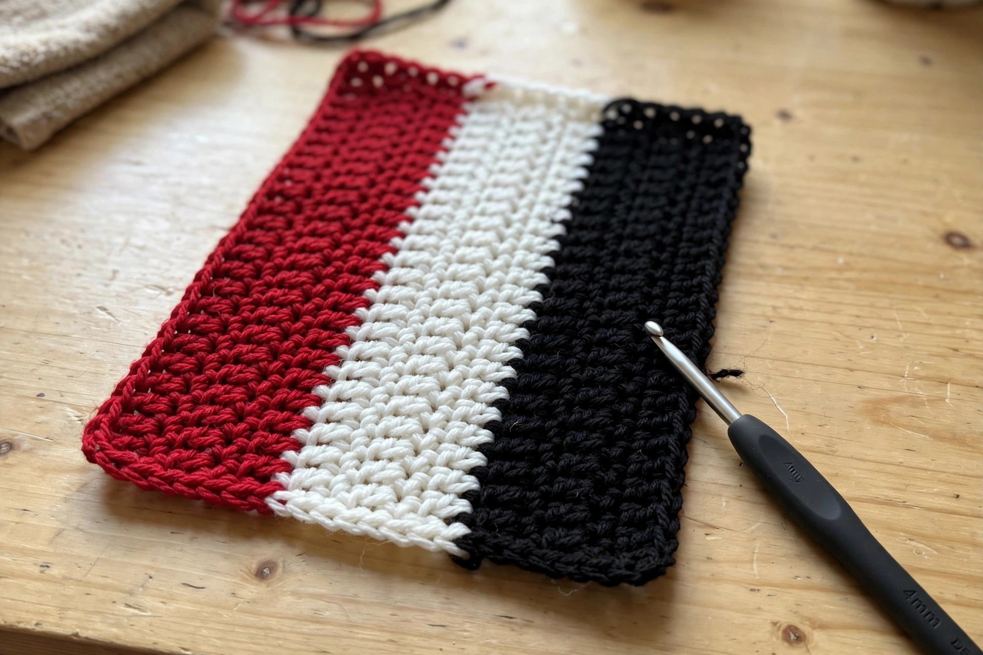 Close-up of the red, white and black colorwork stripe