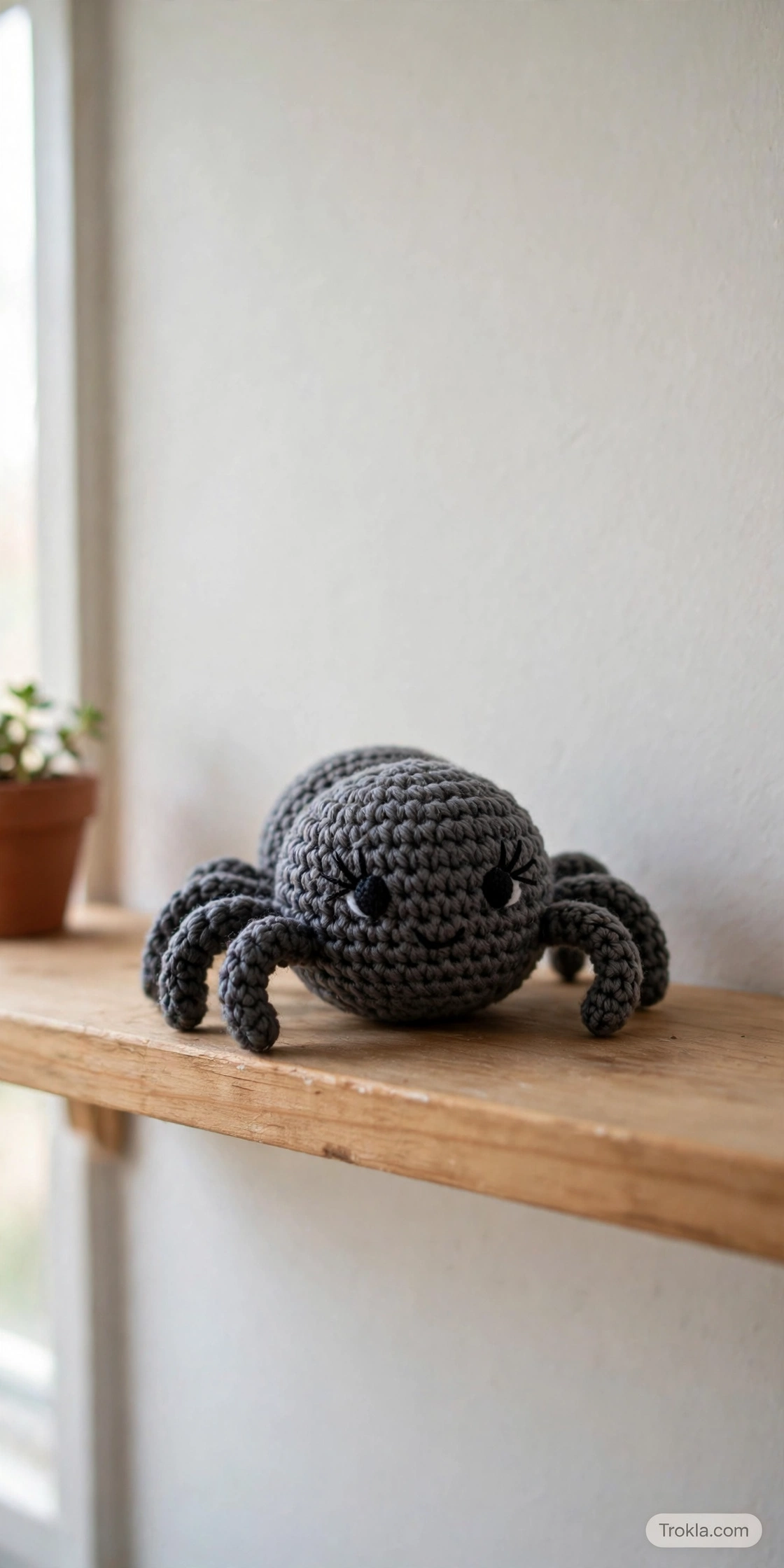 Sharlotte, a small crocheted spider with embroidered eyes and lashes