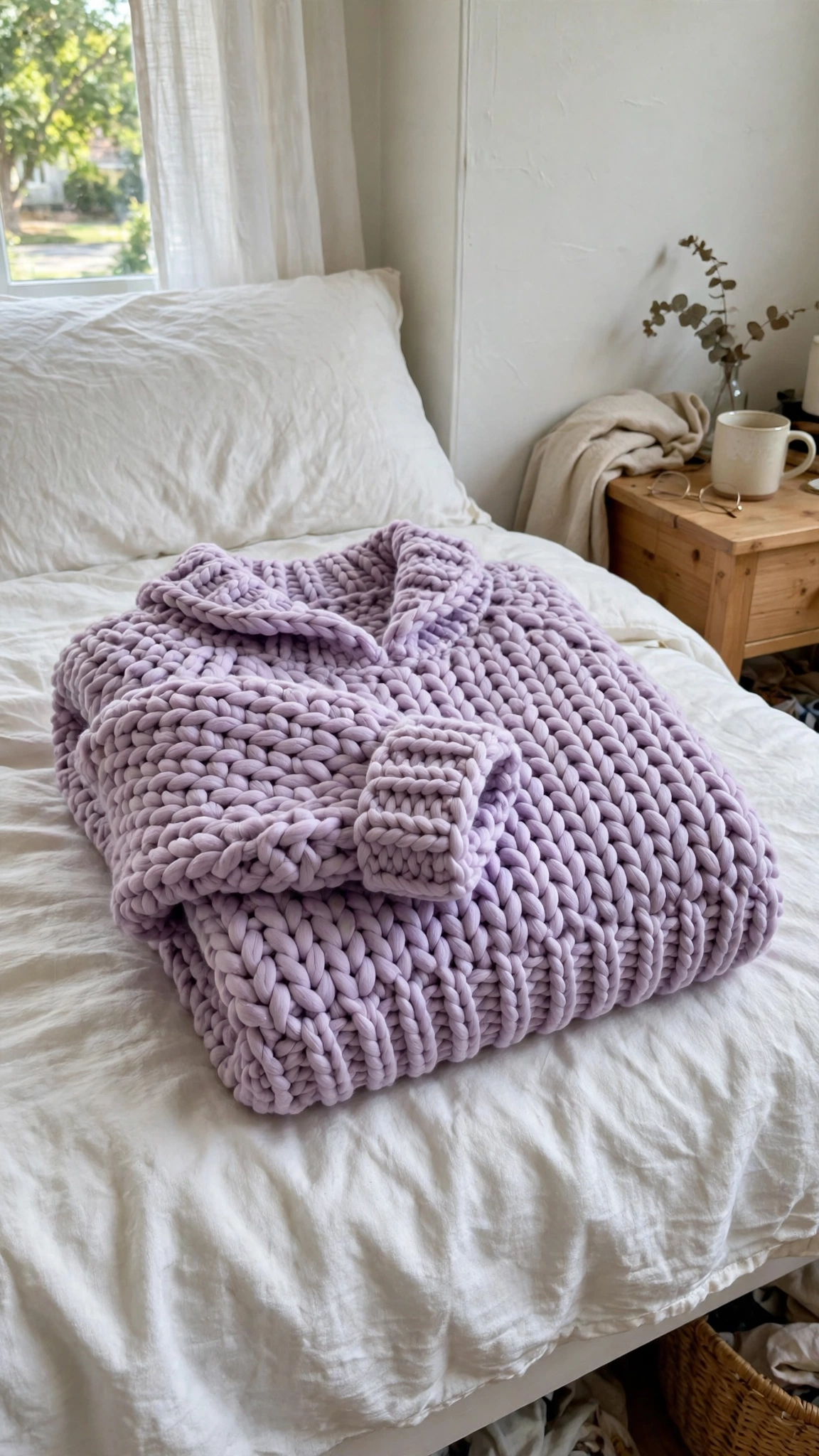 Lavender sweater folded on bed