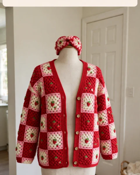 Strawberry Granny Square Cardigan Set Free Crochet Pattern