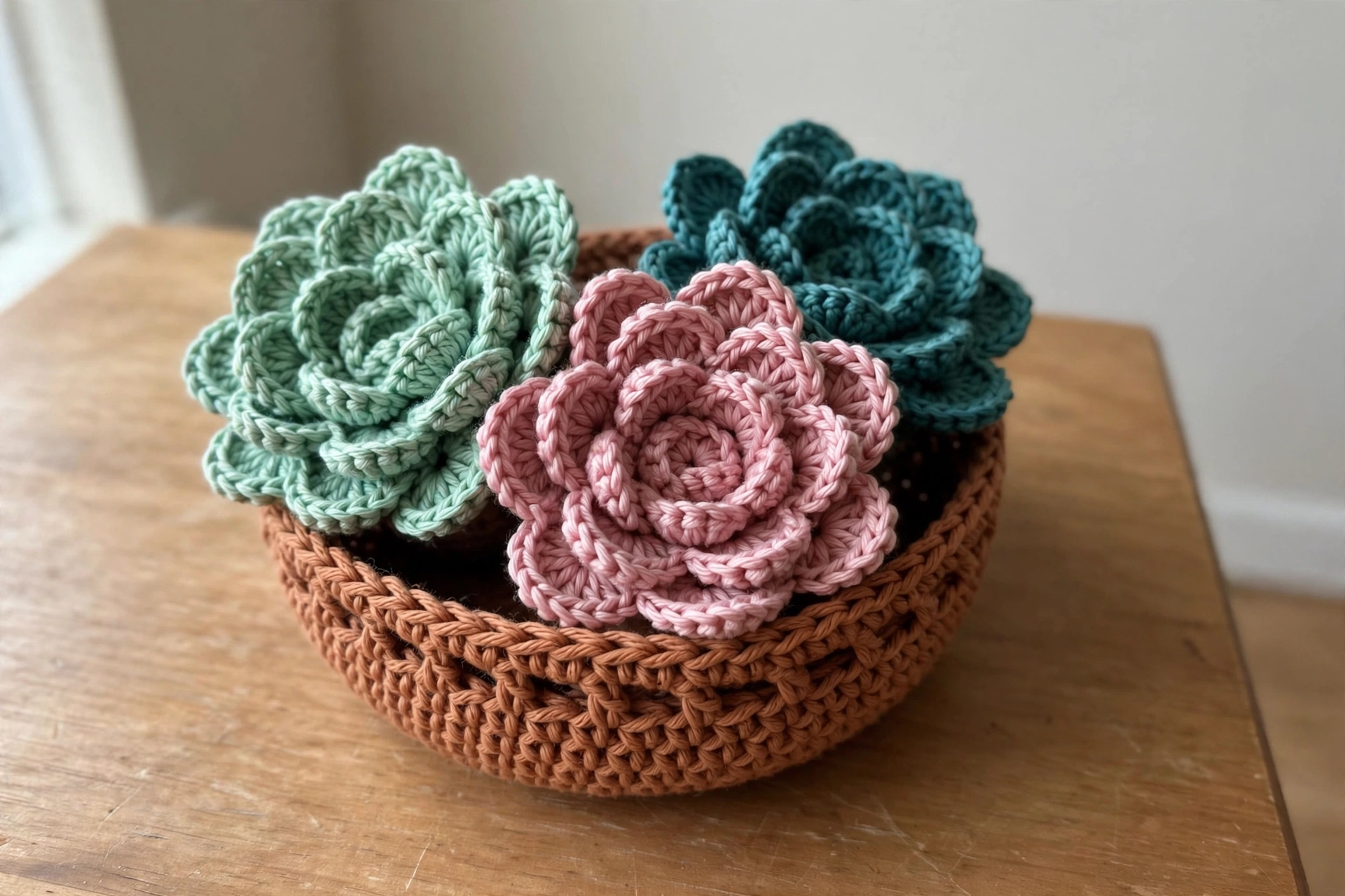 Crochet succulent rosette closeup