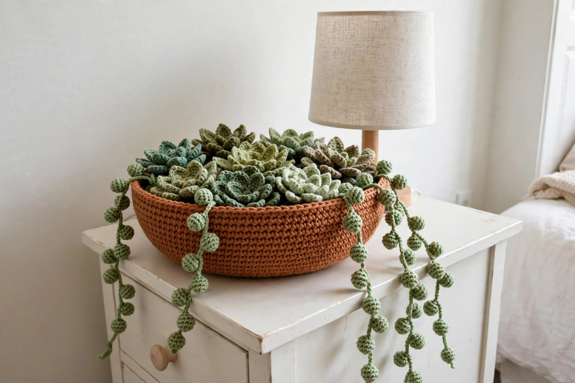 Crochet succulent bowl on shelf