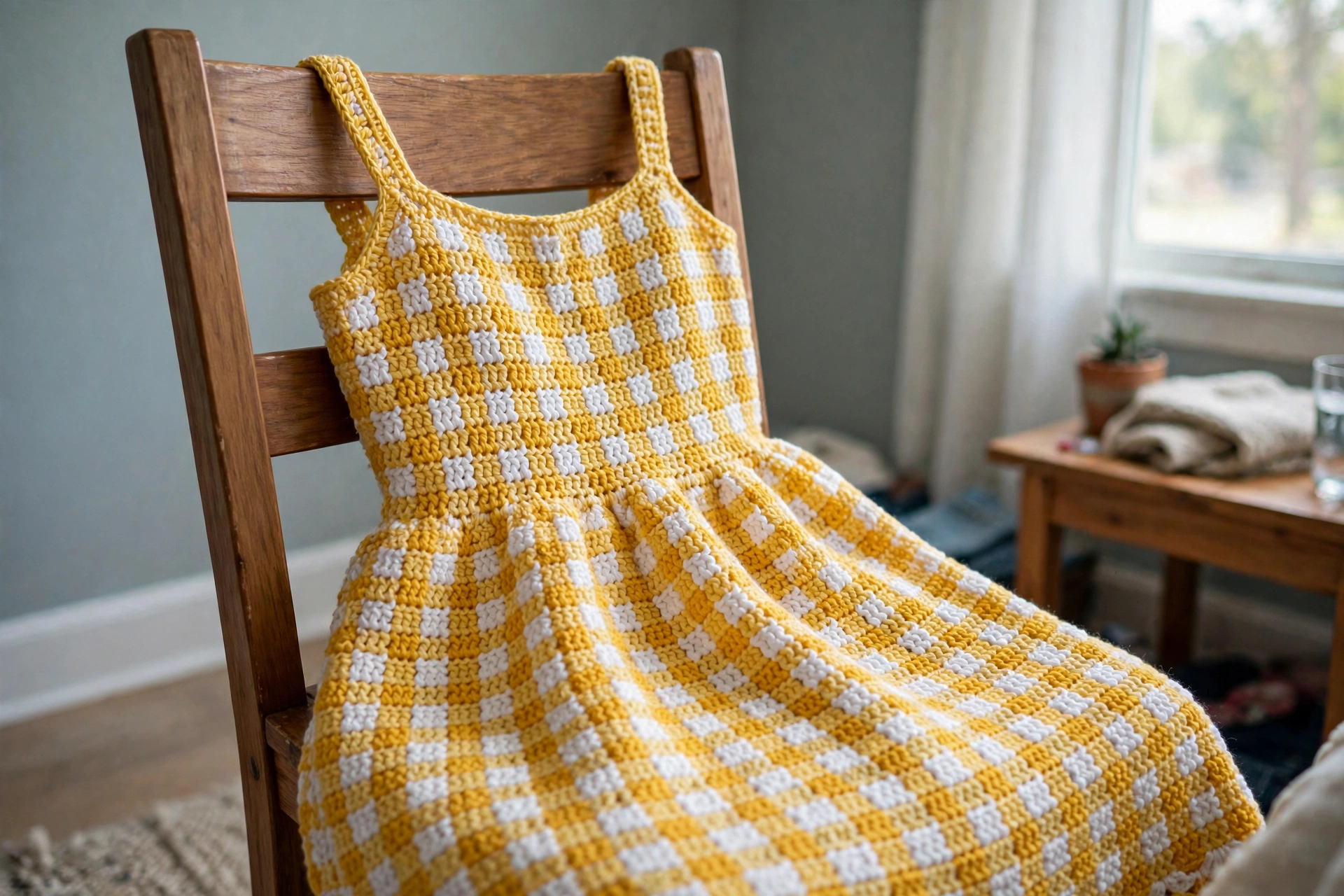 Yellow checkered dress on hanger