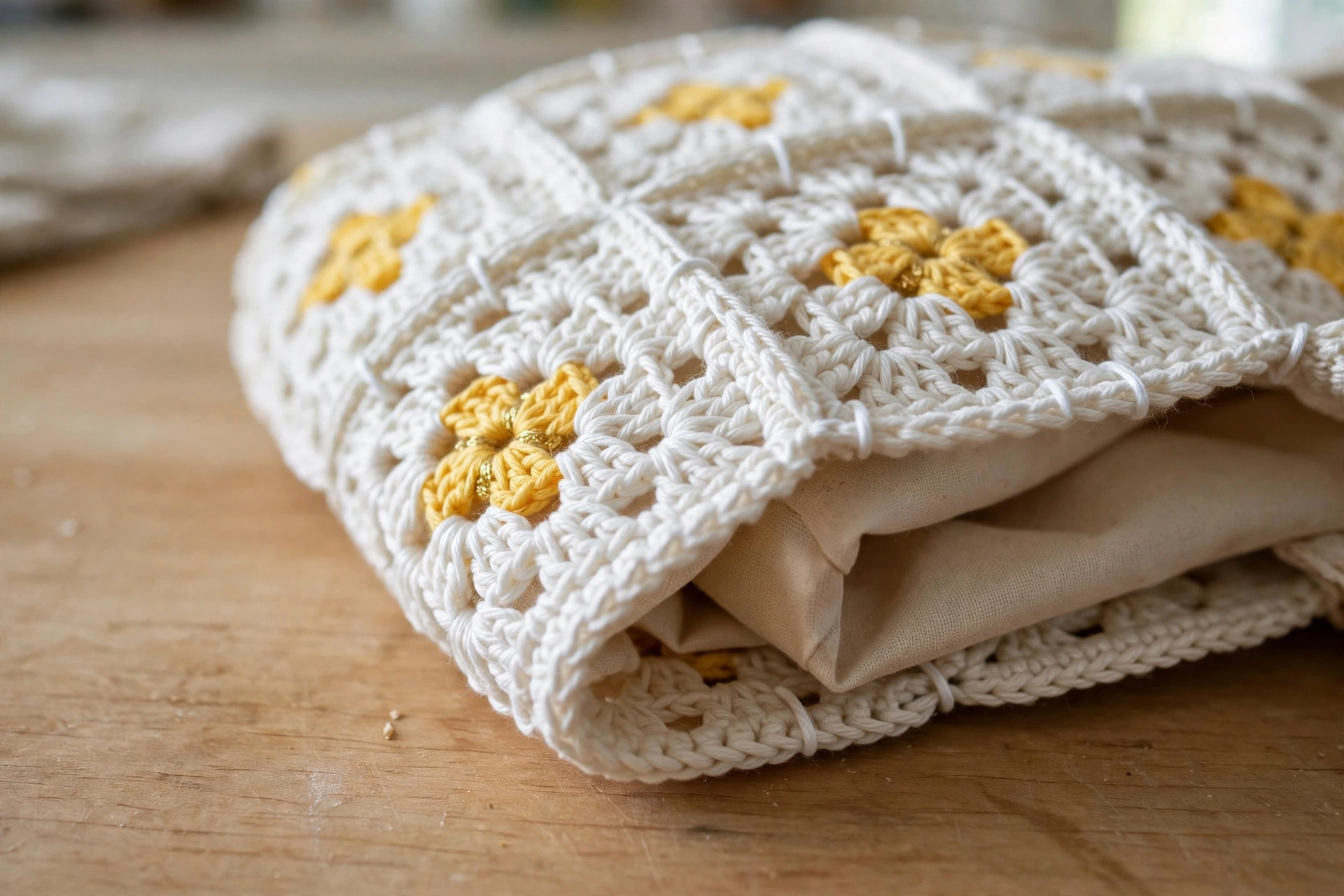 Sunshine yellow floral granny bag square detail