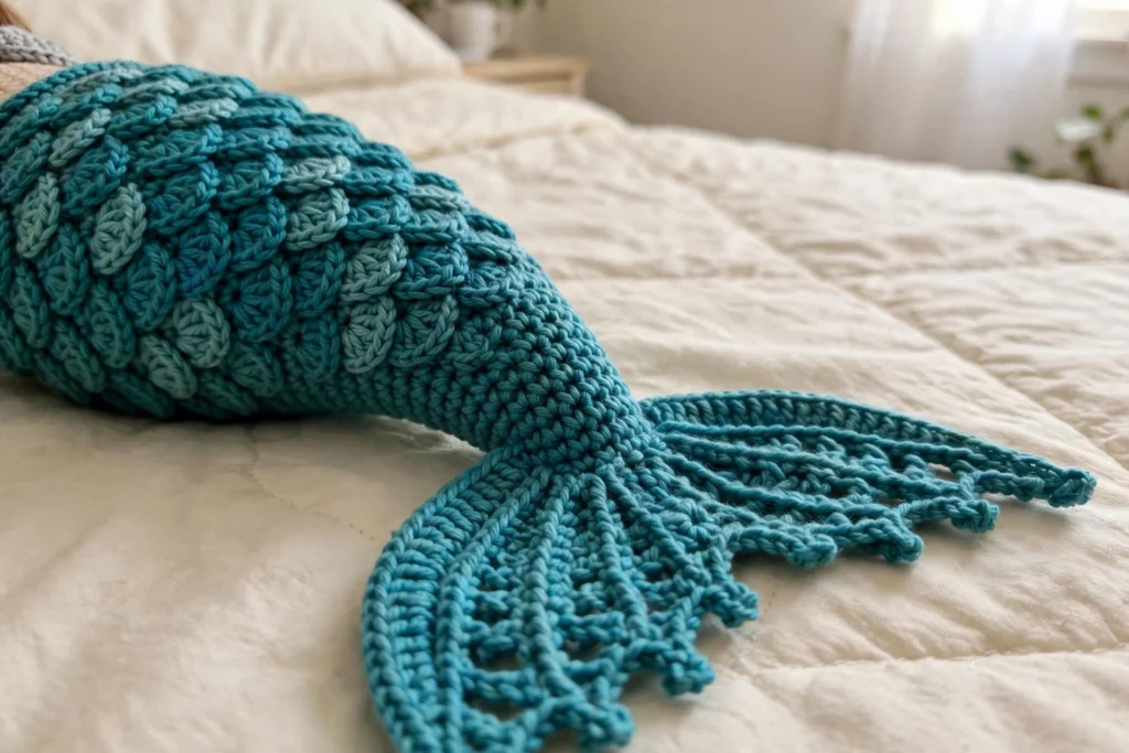 Mermaid amigurumi tail and flower detail