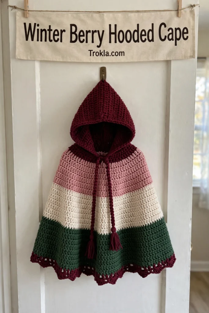 Winter berry hooded cape with burgundy hood and striped cape