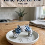 Winter rose ear cuff with dusty blue and white roses and crystal drops
