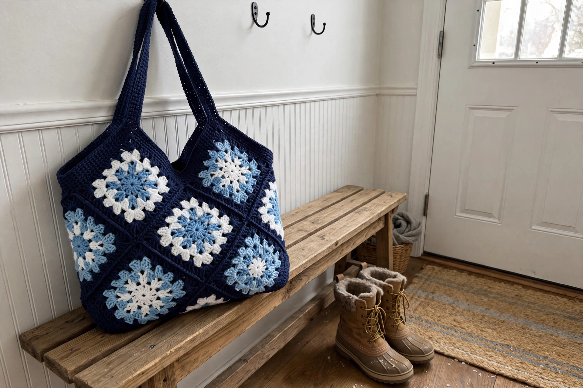 The finished tote on a wooden bench with winter boots nearby