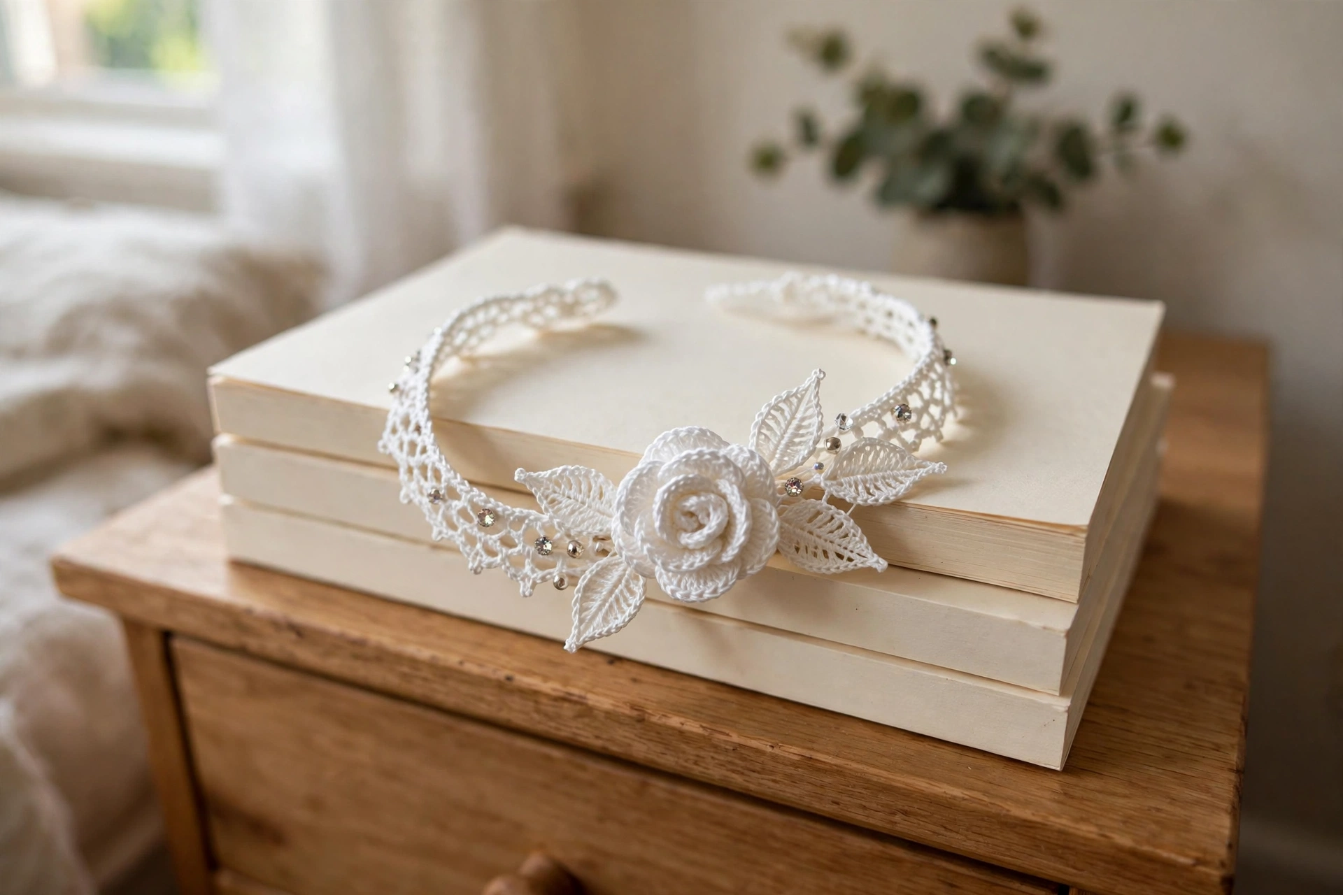 The finished white rose bracelet curved on a stack of cream books