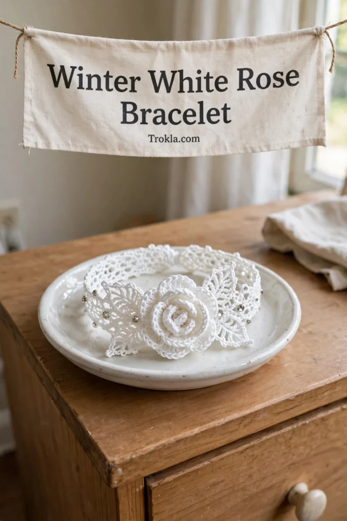 Winter white rose bracelet with lace band and crystal accents